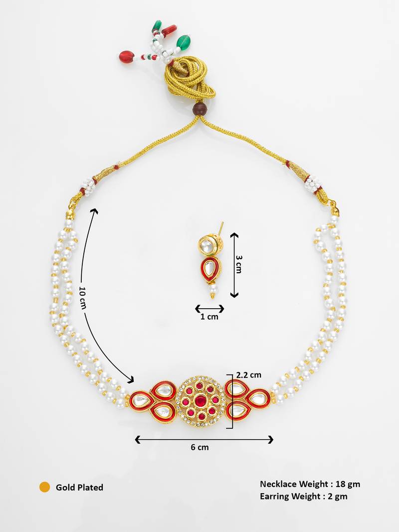 gold plated red white pearl necklace set
