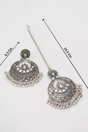oxidized silver lotus mirror chandbali pendant necklace set with earrings and maang tikka