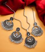 oxidized silver lotus mirror chandbali pendant necklace set with earrings and maang tikka
