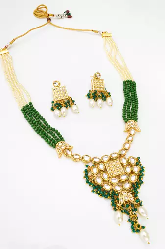 kundan pendant long necklace set with emerald crystal beads and pearl drops, earrings included