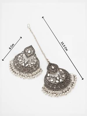 oxidized silver diamond-top chandbali mirror work pendant necklace set with earrings and maang tikka 5