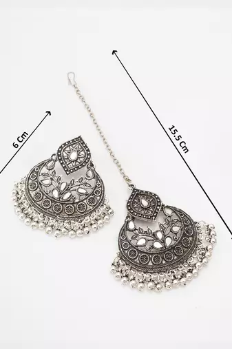 oxidized silver diamond-top chandbali mirror work pendant necklace set with earrings and maang tikka