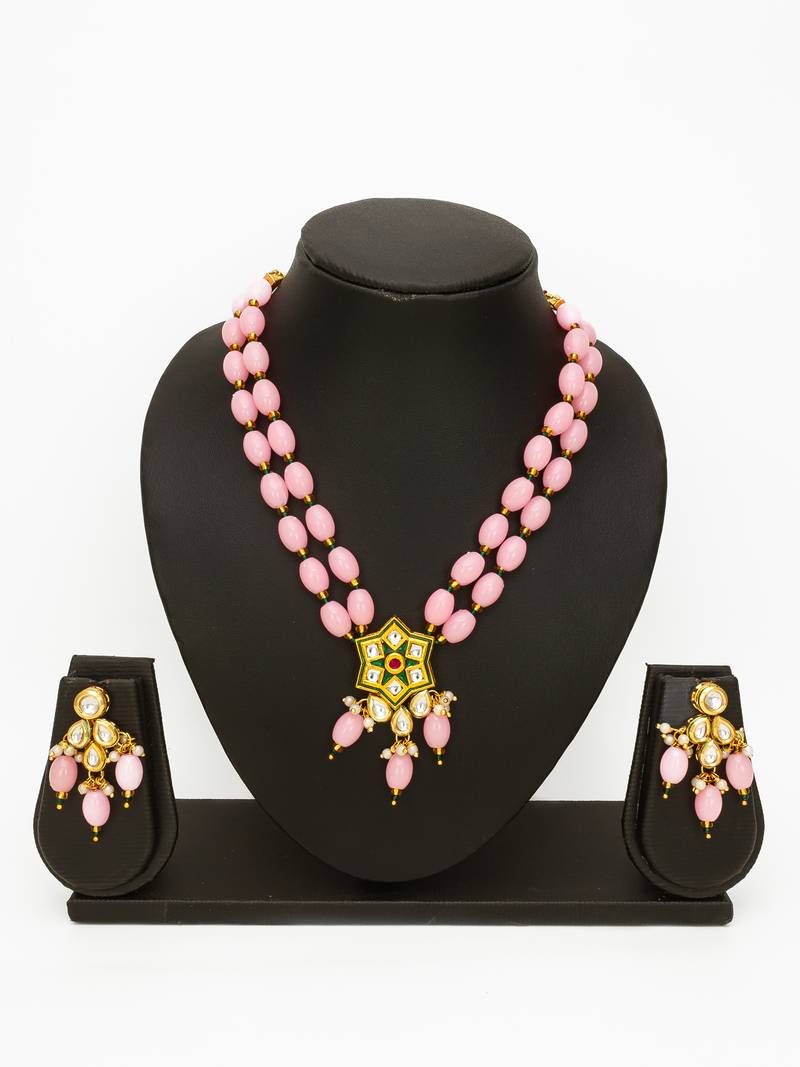 gold plated pink designer necklace set