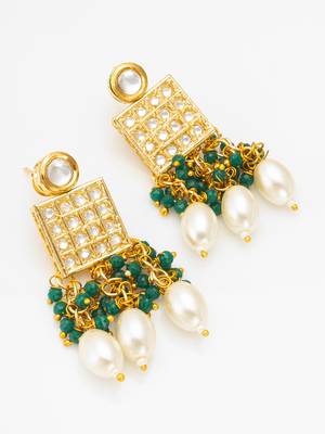 kundan pendant long necklace set with emerald crystal beads and pearl drops, earrings included 3