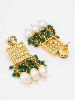 kundan pendant long necklace set with emerald crystal beads and pearl drops, earrings included 4