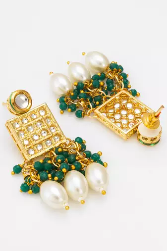 kundan pendant long necklace set with emerald crystal beads and pearl drops, earrings included