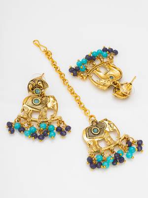 antique gold elephant motif choker necklace set with beads, earrings and maang tikka 4