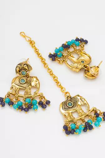 antique gold elephant motif choker necklace set with beads, earrings and maang tikka