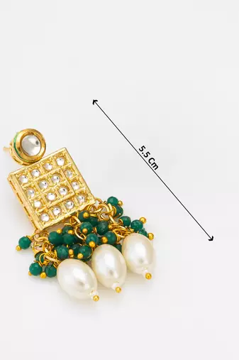 kundan pendant long necklace set with emerald crystal beads and pearl drops, earrings included