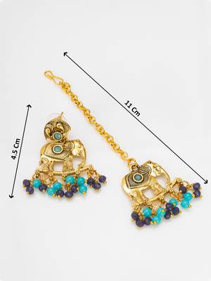 antique gold elephant motif choker necklace set with beads, earrings and maang tikka 5