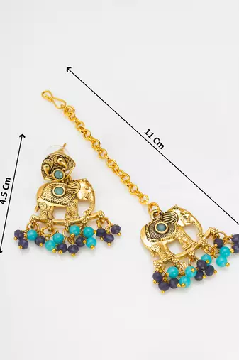 antique gold elephant motif choker necklace set with beads, earrings and maang tikka