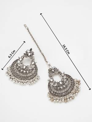 oxidized silver chandbali mirror work pendant necklace set with earrings and maang tikka 5