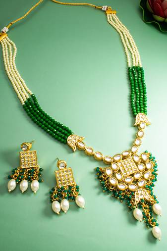kundan pendant long necklace set with emerald crystal beads and pearl drops, earrings included