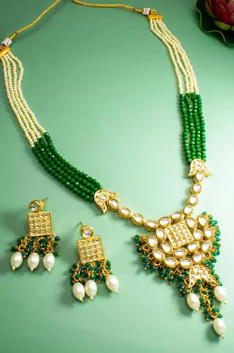 kundan pendant long necklace set with emerald crystal beads and pearl drops, earrings included