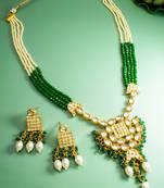 kundan pendant long necklace set with emerald crystal beads and pearl drops, earrings included