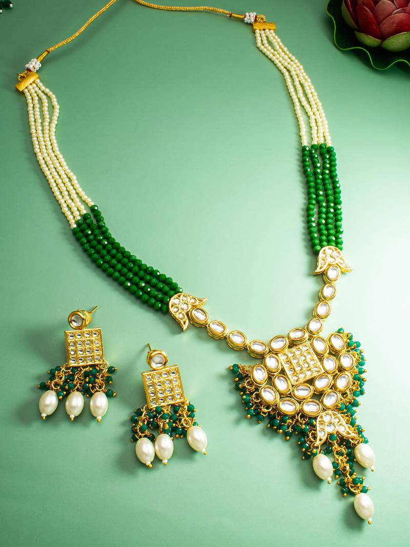 kundan pendant long necklace set with emerald crystal beads and pearl drops, earrings included