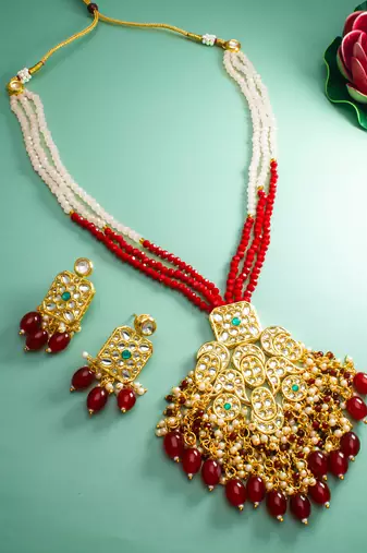 kundan choker-style necklace set with crystal beads earrings and pearl accents