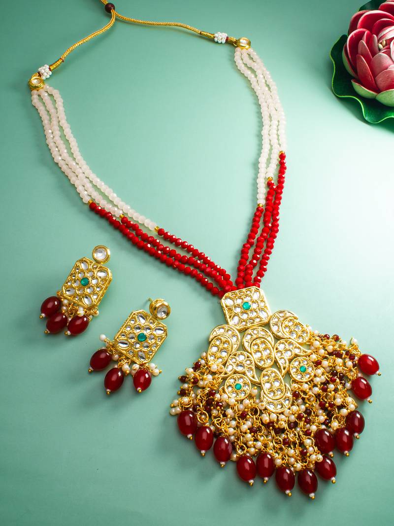 kundan choker-style necklace set with crystal beads earrings and pearl accents