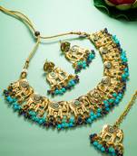 antique gold elephant motif choker necklace set with beads, earrings and maang tikka