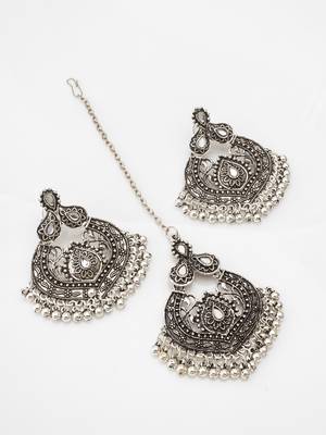 oxidized silver chandbali pendant necklace set with long chain and earrings 3
