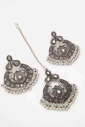 oxidized silver chandbali pendant necklace set with long chain and earrings