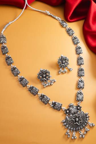 oxidized silver floral long necklace set with flower stud earrings