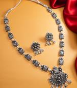oxidized silver floral long necklace set with flower stud earrings