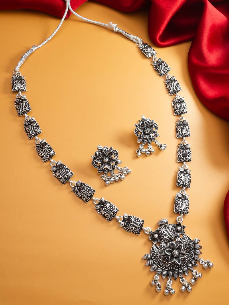 oxidized silver floral long necklace set with flower stud earrings