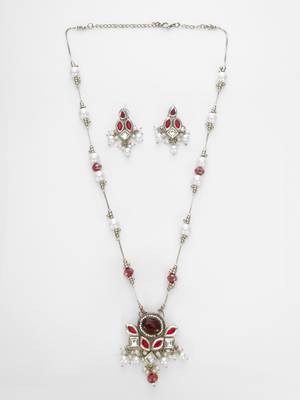 silver plated red white necklace set 2