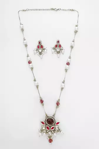 silver plated red white necklace set