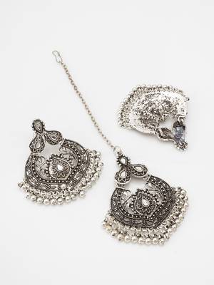 oxidized silver chandbali pendant necklace set with long chain and earrings 4