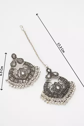 oxidized silver chandbali pendant necklace set with long chain and earrings