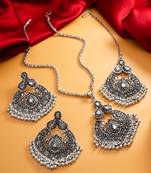 oxidized silver chandbali pendant necklace set with long chain and earrings