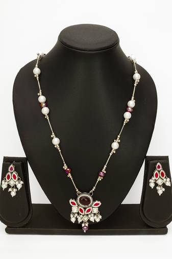 silver plated red white necklace set