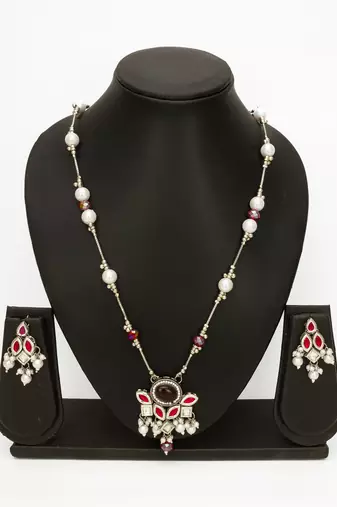 silver plated red white necklace set