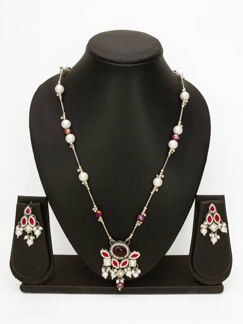 silver plated red white necklace set
