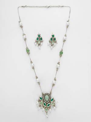 silver plated green white necklace set 2