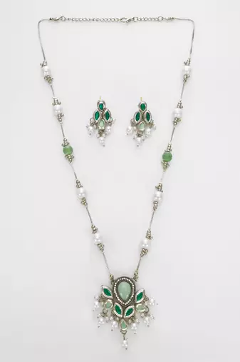 silver plated green white necklace set