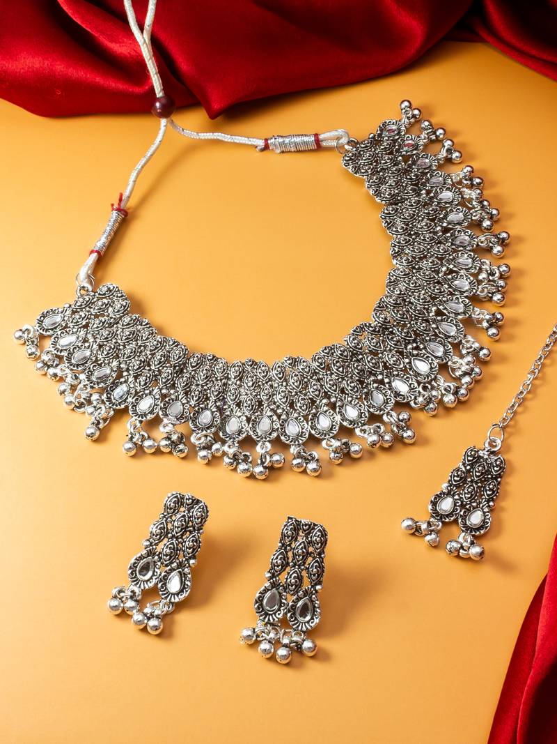 oxidized silver teardrop mirror choker necklace set with ghungroo earrings and maang tikka