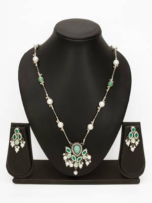 silver plated green white necklace set 1