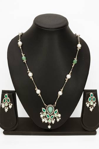 silver plated green white necklace set