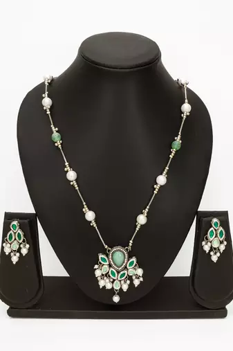 silver plated green white necklace set