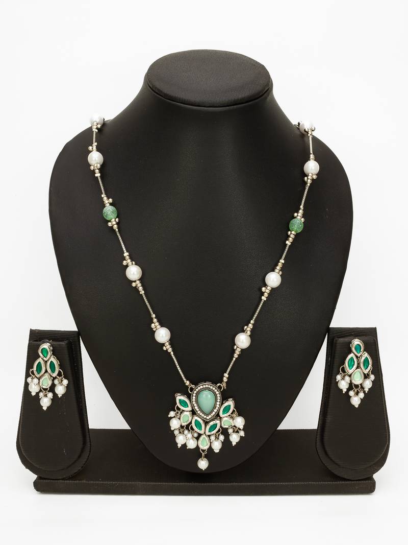 silver plated green white necklace set
