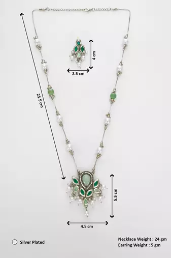 silver plated green white necklace set
