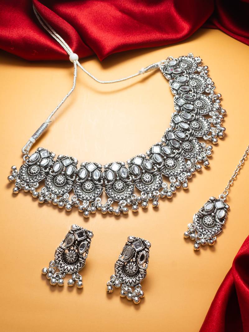 oxidized silver multi-mirror geometric choker necklace set with ghungroo earrings and maang tikka