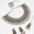 oxidized silver fan motif collar choker necklace set with ghungroo earrings and maang tikka