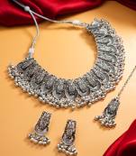 oxidized silver fan motif collar choker necklace set with ghungroo earrings and maang tikka
