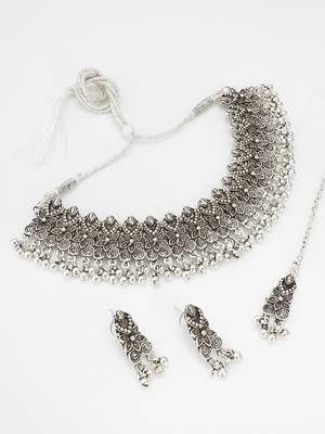 oxidized silver choker necklace set with ghungroo drop earrings and maang tikka for navratri 1