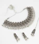 oxidized silver choker necklace set with ghungroo drop earrings and maang tikka for navratri