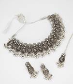 oxidized silver leaf motif choker necklace set with ghungroo drops, earrings and maang tikka